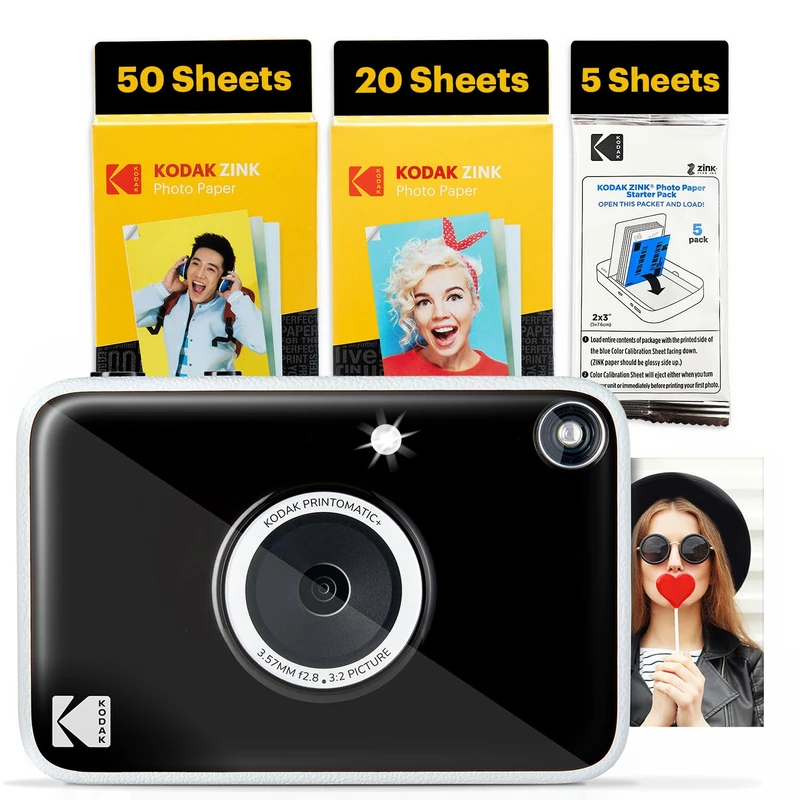 Kodak Printomatic+ Full-Color Instant Print Digital Camera, Zink 2x3" (5.1x7.5 cm) Sticky-Back Photo Paper, 5MP, Portable, Creative Fun Gift for Birthday, Christmas, Holiday, Black, 75 Sheets Bundle
