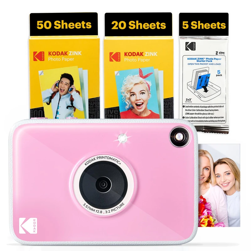 Kodak Printomatic+ Full-Color Instant Print Digital Camera, Zink 2x3" (5.1x7.5 cm) Sticky-Back Photo Paper, 5MP, Portable, Creative Fun Gift for Birthday, Christmas, Holiday, Pink, 75 Sheets Bundle