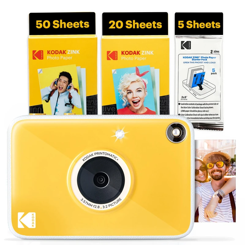 Kodak Printomatic+ Full-Color Instant Print Digital Camera, Zink 2x3" (5.1x7.5 cm) Sticky-Back Photo Paper, 5MP, Portable, Creative Fun Gift for Birthday, Christmas, Holiday, Yellow, 75 Sheets Bundle