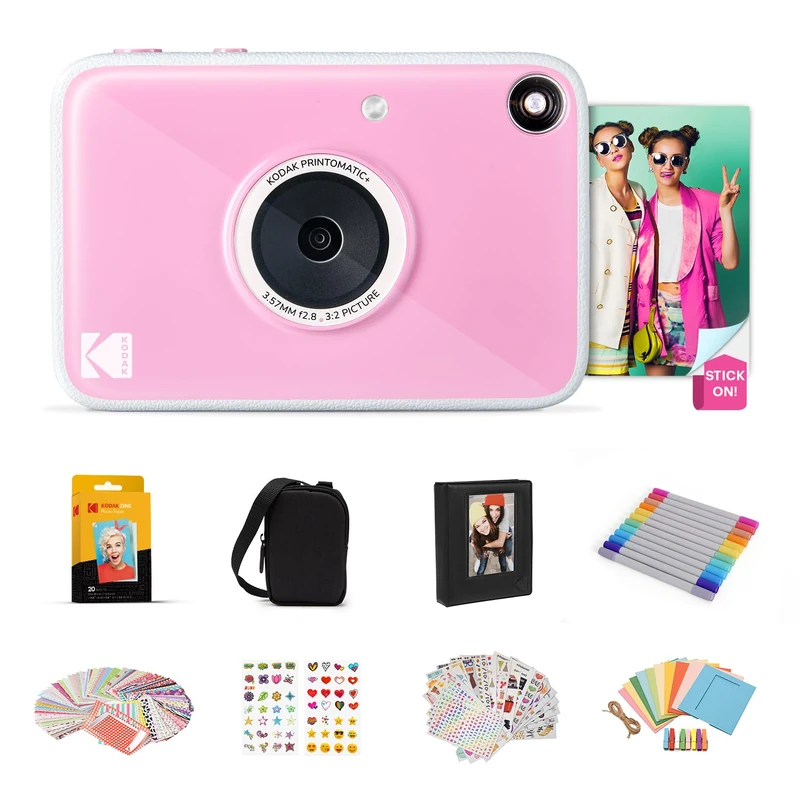 Kodak Printomatic+ Full-Color Instant Print Digital Camera, Zink 2x3" (5.1x7.5 cm) Sticky-Back Photo Paper, 5MP, Portable, Creative Fun Gift for Birthday, Christmas, Holiday, Rose, Gift Bundle