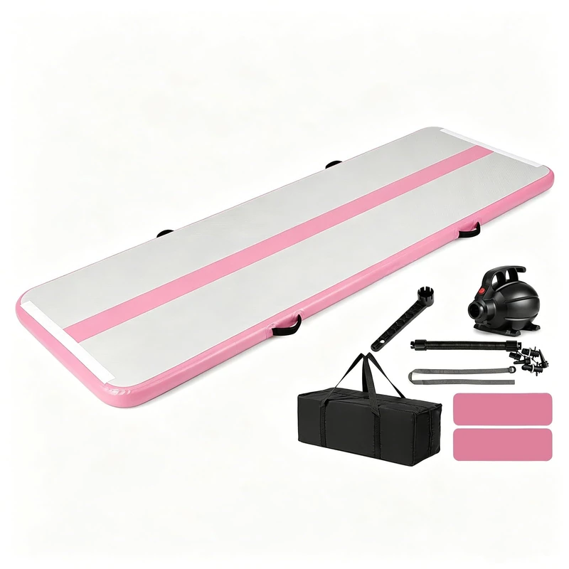 GYMAX Inflatable Gymnastic Mat, Portable Tumbling Mat with Electric Air Pump, Multi-Grip Wrench, Repair Patch & Carrying Bag, Premium PVC Training Air Mat for studios, gyms, parks, beach (Pink + Grey)