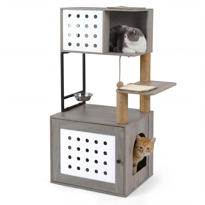 FANTASK Multi-Tier Cat Scratching Post, Wooden Cat Cabinet with Feeding Station, Sisal Posts, Scratching Mats & Entrance, Cat House with Cat Litter Tray Cabinet for Cat Litter Tray, Cat Scratching - Image 1