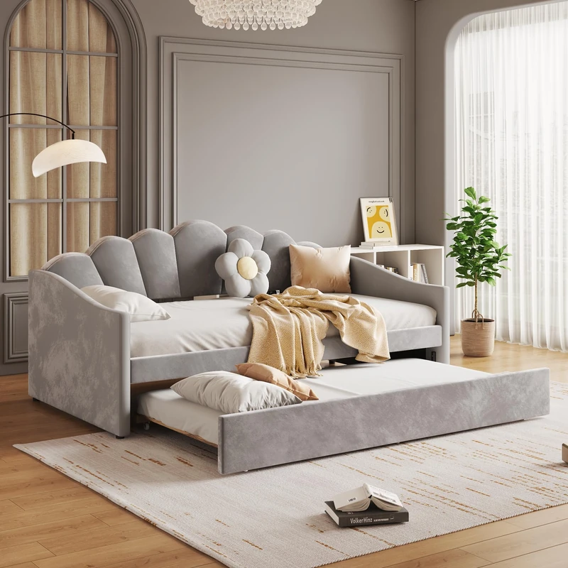 Ball & Cast Upholstered bed, 3FT single bed 90x190cm, bottom with trundle bed 90x190cm, daybed sofa bed, youth bed, for adults & teenagers, easy assembly, Velvet, Grey