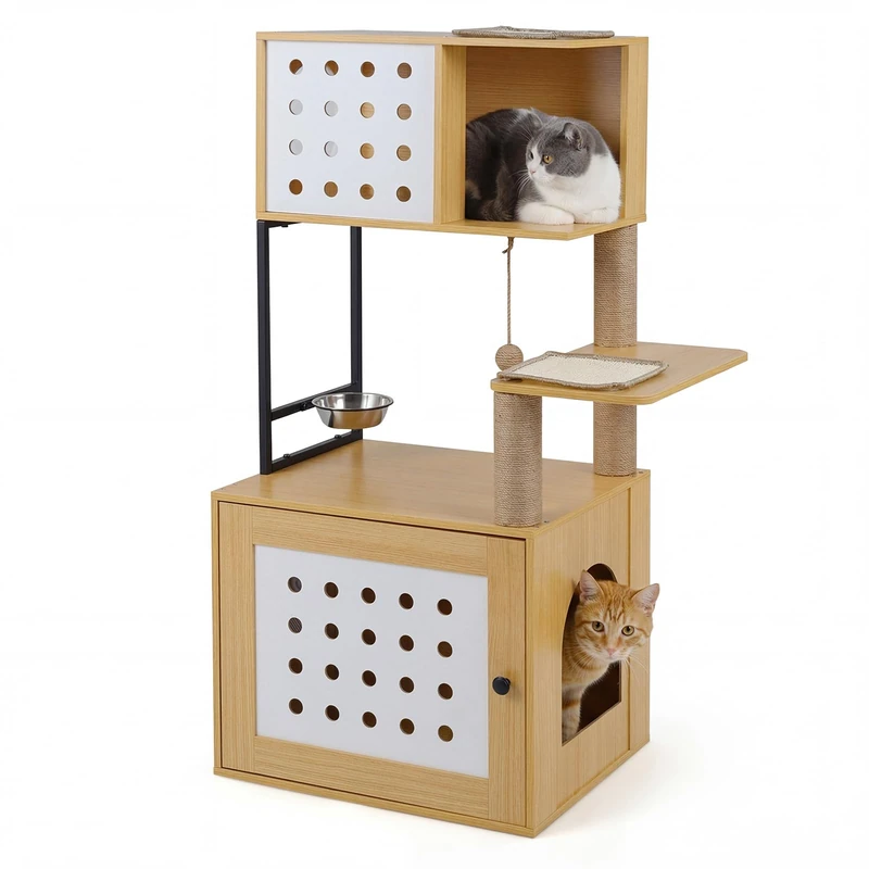 FANTASK Multi-Tier Cat Scratching Post, Wooden Cat Cabinet with Feeding Station, Sisal Posts, Scratching Mats & Entrance, Cat House with Cat Litter Tray Cabinet for Cat Litter Tray, Cat Scratching