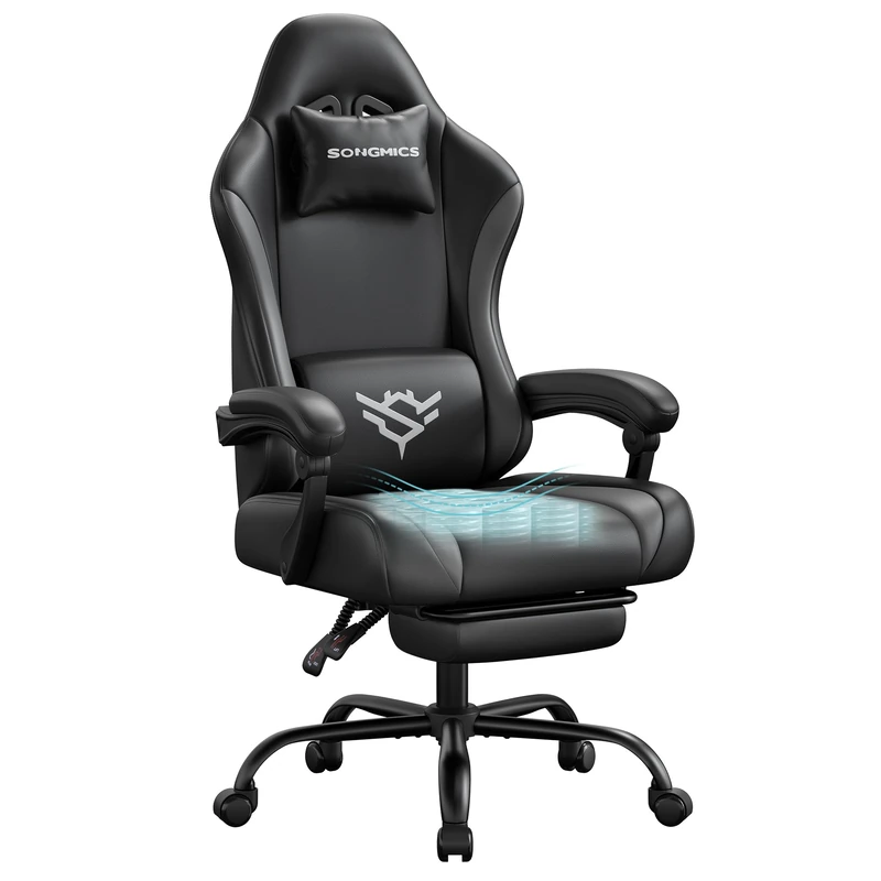 SONGMICS Gaming Chair, PU Leather Ergonomic Computer Chair, with Footrest and Lumbar Support, 90°-135° Reclining, 70 x 70 x (120-130) cm, Black, Grey, for Home Office, Cathy Collection OBG091BH11 - Image 1