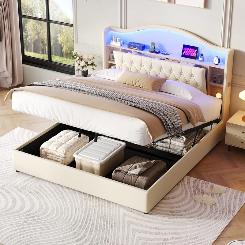 Ball & Cast Ball & Cast Bed with Storage, 5ft Ottoman Bed Frame with Headboard & Hydraulic, Upholstered Bed with LED-Lighting & Charging-Station, Linen, 150x200 cm, Beige, No Mattress - Image 1