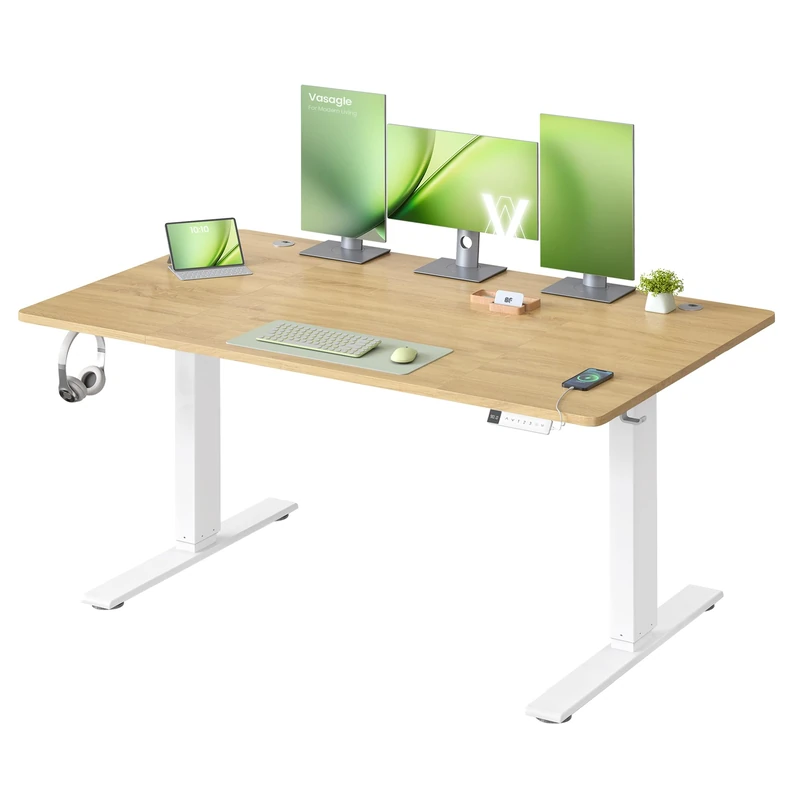 VASAGLE Electric Standing Desk, 140 x 80 cm, USB C Port, Cable Tray, Height Adjustable Desk, Sedentary Reminder, 3 Memory Heights, for Home Office, Golden Oak LSD144YA03