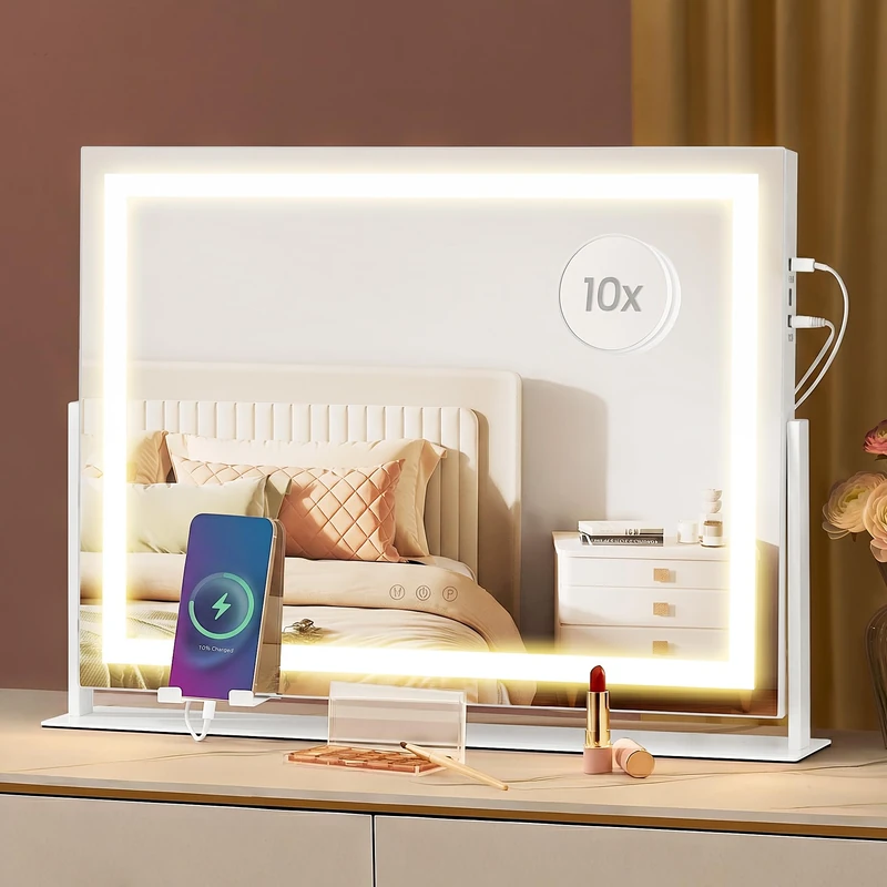 SONGMICS Vanity Makeup Mirror with Lights, Charging Ports, 18 Dimmable LED Bulbs, 3 Colour Temperatures, Detachable 10x Magnifying Mirror, Phone Holder, 80 x 60 cm, Matte White LWM002WG03