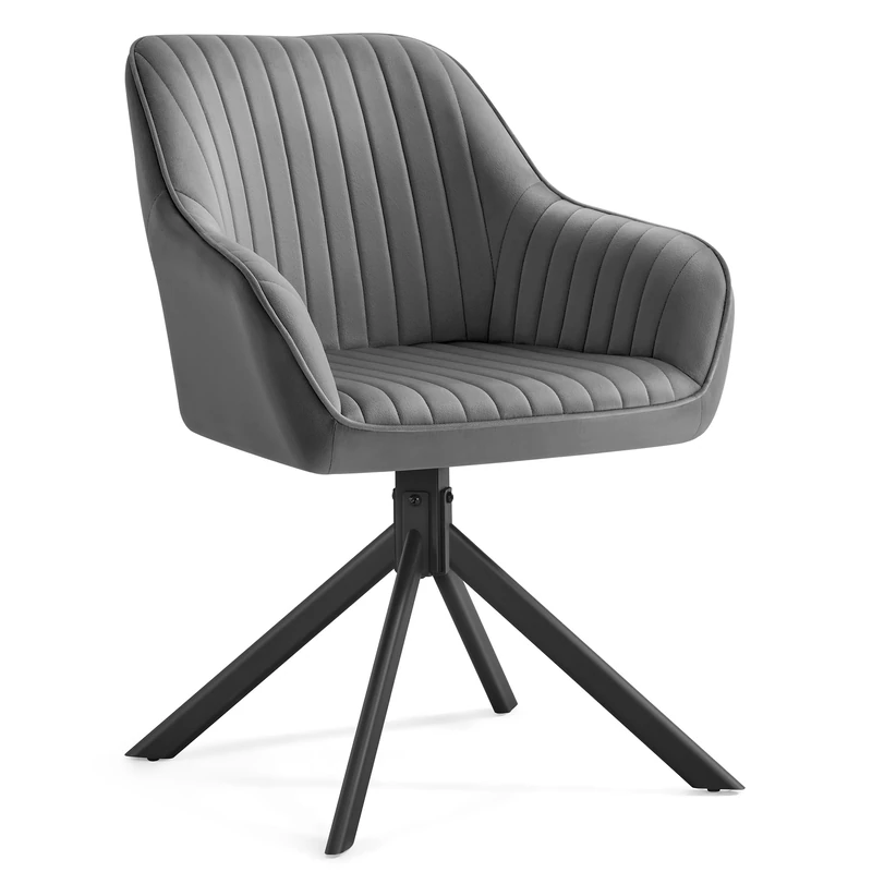 SONGMICS Dining Chair, Max. Load 120 kg, Swivel Kitchen Chair, Velvet Upholstered Armchair with Armrests, Steel Legs, for Dining Room, Grey and Ink Black KDC161G01V2