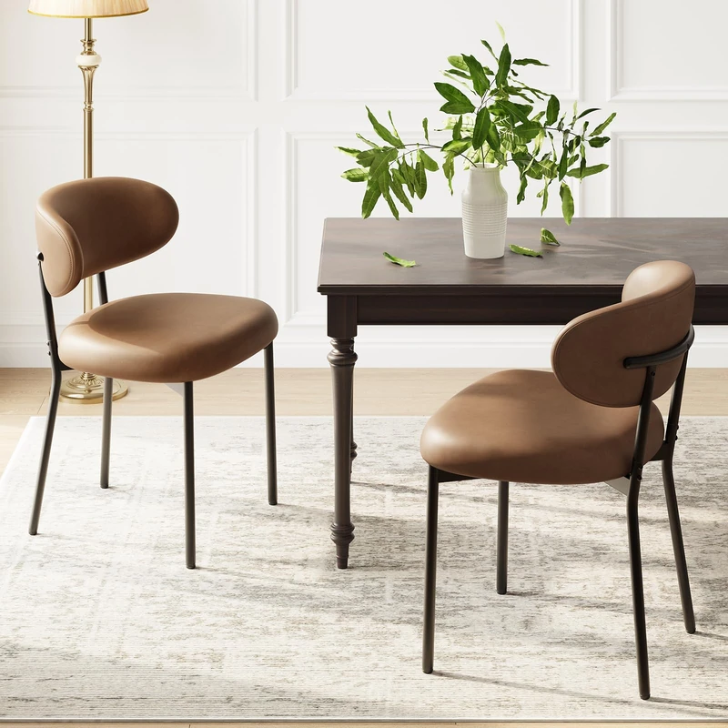 MALOL Dining Chairs Set of 2, PU Leather Chairs for Dining Room with Metal Legs & Curved Backrest & Thick Cushion, Upholstered Kitchen Chair with Anti-Slip Pads, Brown - Image 1