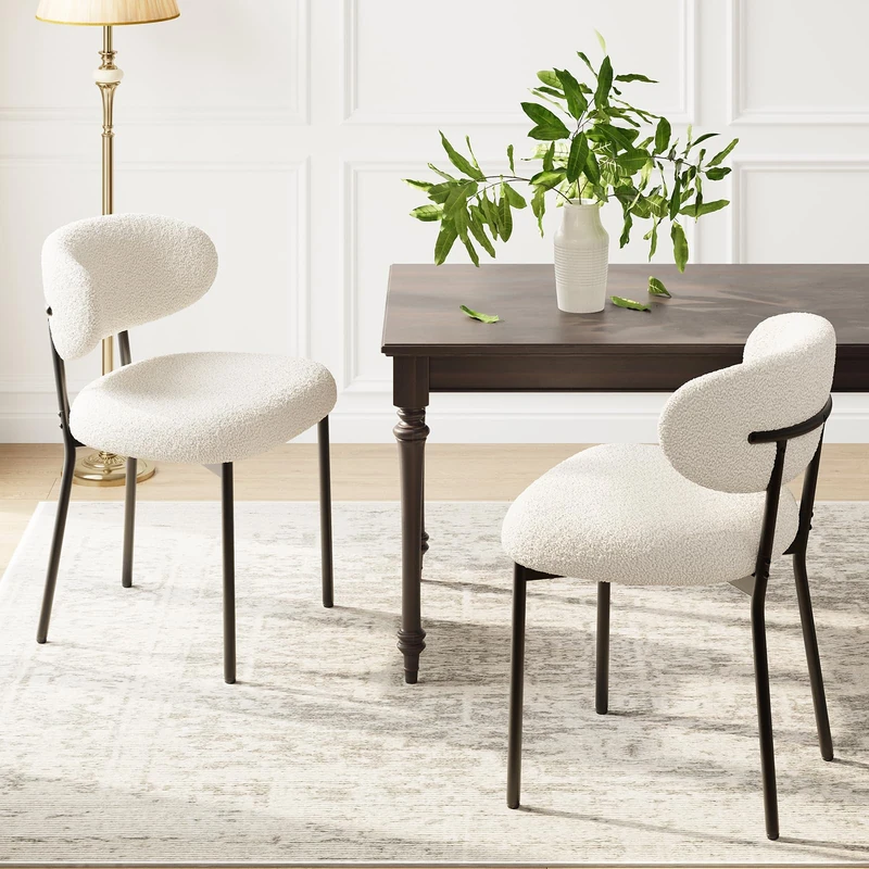 MALOL Dining Chairs Set of 2, Boucle Chairs for Dining Room with Metal Legs & Curved Backrest & Thick Cushion, Upholstered Teddy Fabric Sherpa Kitchen Chair with Anti-Slip Pads, Beige - Image 1