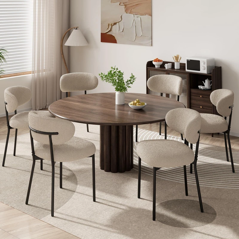 MALOL Dining Chairs Set of 6, Boucle Chairs for Dining Room with Metal Legs & Curved Backrest & Thick Cushion, Upholstered Teddy Fabric Sherpa Kitchen Chair with Anti-Slip Pads, Camel