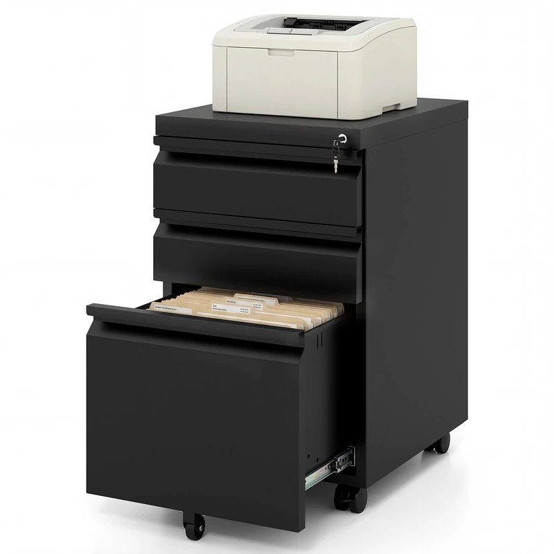 CASART Rolling File Cabinet, 2/3 Drawers Mobile Filing Storage Organiser Chest with 5 Wheels & 2 Keys, Under-Desk Lateral Stationery Printer Stand Cupboard for Home Office (44 x 37 x 60.5cm,Black)