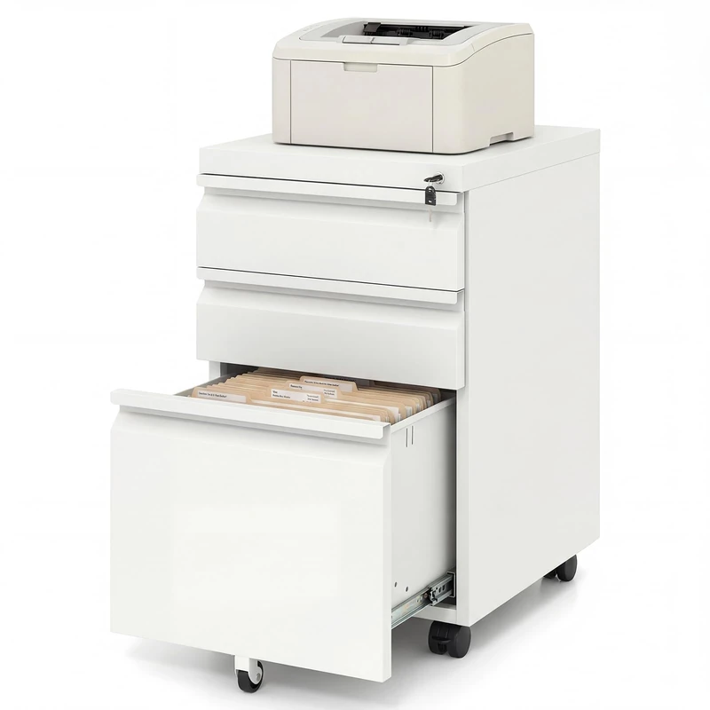 CASART Rolling File Cabinet, 2/3 Drawers Mobile Filing Storage Organiser Chest with 5 Wheels & 2 Keys, Under-Desk Lateral Stationery Printer Stand Cupboard for Home Office (44 x 37 x 60.5cm,White)