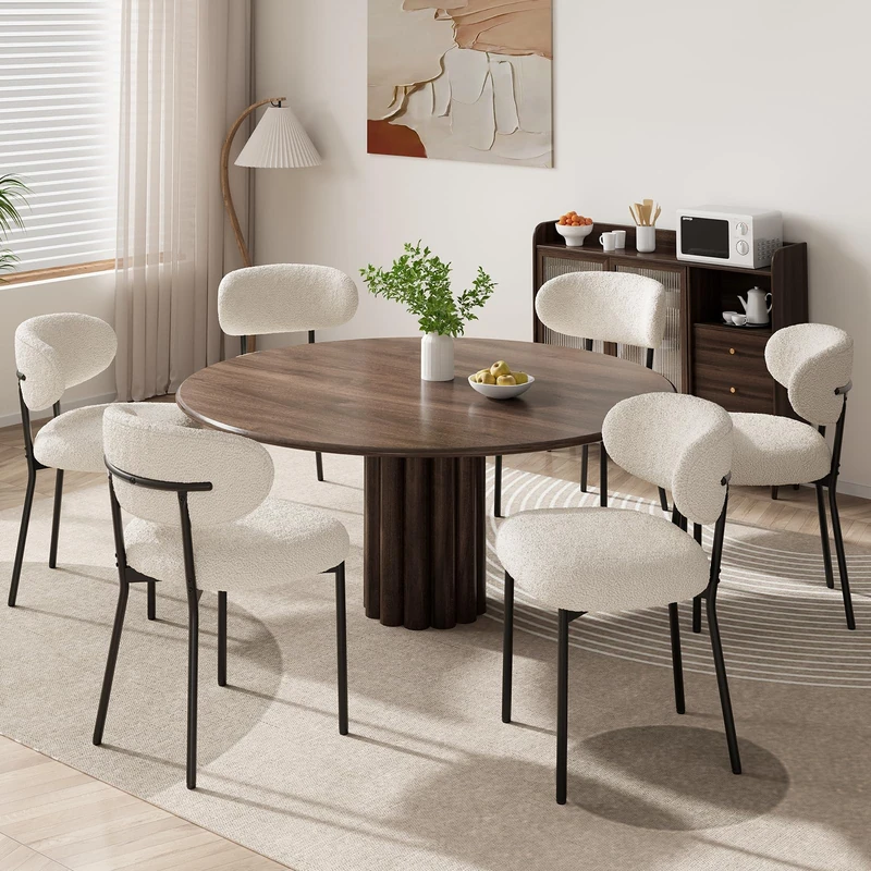 MALOL Dining Chairs Set of 6, Boucle Chairs for Dining Room with Metal Legs & Curved Backrest & Thick Cushion, Upholstered Teddy Fabric Sherpa Kitchen Chair with Anti-Slip Pads, Beige