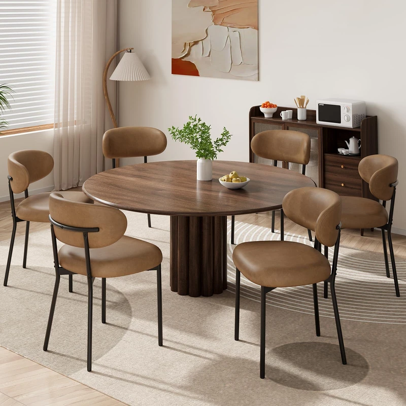 MALOL Dining Chairs Set of 6, PU Leather Chairs for Dining Room with Metal Legs & Curved Backrest & Thick Cushion, Upholstered Kitchen Chair with Anti-Slip Pads, Brown