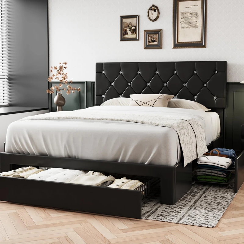 VECELO Double Bed Frame with Storage, Black PU Leather Upholstered Bed with Adjustable Diamond Tufted Headboard, 3 Storage Drawers, Modern Platform Bed, Noise Free, No Box Spring Needed