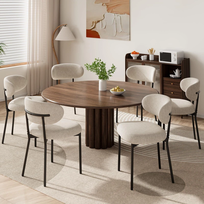 MALOL Dining Chairs Set of 6, Fabric Chairs for Dining Room with Metal Legs & Curved Backrest & Thick Cushion, Upholstered Kitchen Chair with Anti-Slip Pads, Camel - Image 1