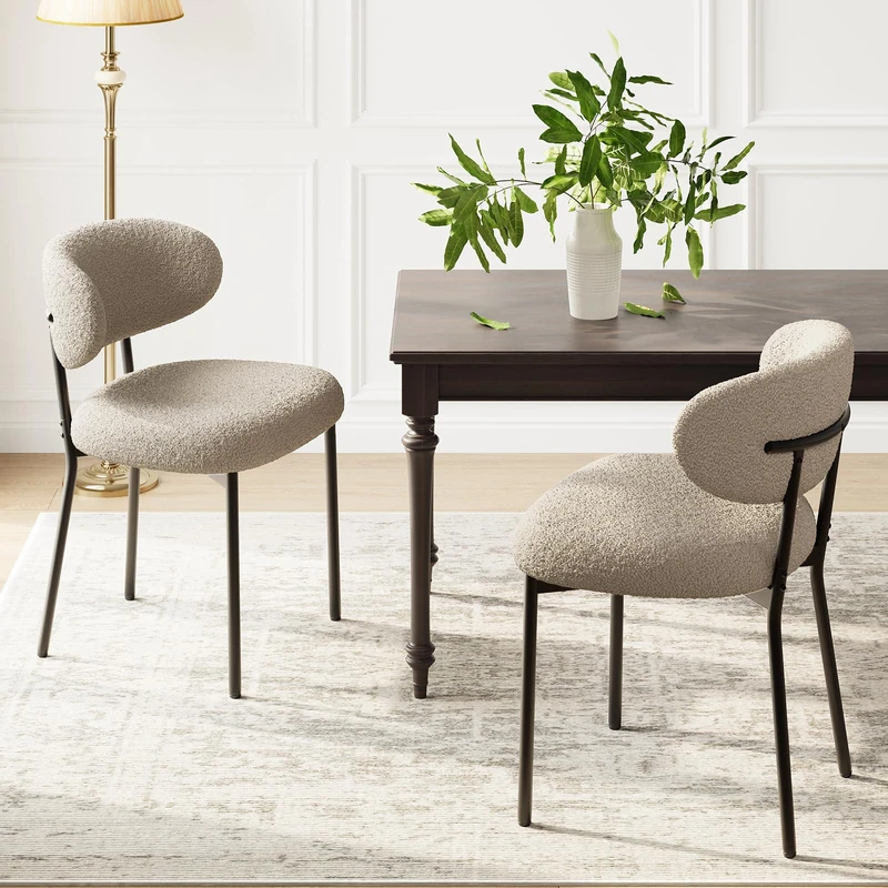 MALOL Dining Chairs Set of 2, Boucle Chairs for Dining Room with Metal Legs & Curved Backrest & Thick Cushion, Upholstered Teddy Fabric Sherpa Kitchen Chair with Anti-Slip Pads, Camel - Image 1