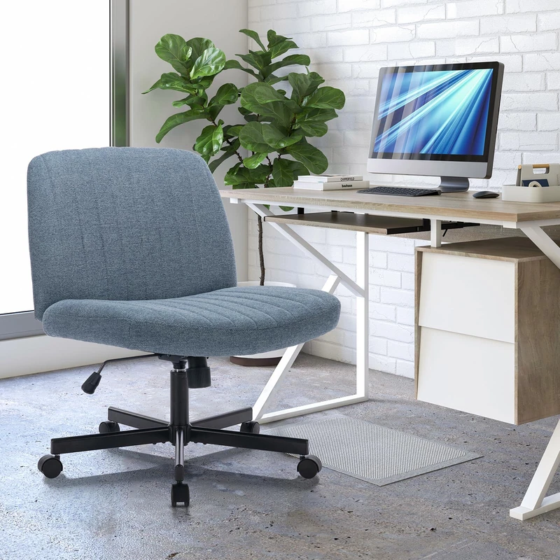 COLAMY Wide Office Chair, Padded Armless Task VanityChair Swivel Home Office Desk Chair 115°Rocking Mid Back Ergonomic Computer Chair for Home Working, Make Up, Gaming (With Wheels, Blue) - Image 1