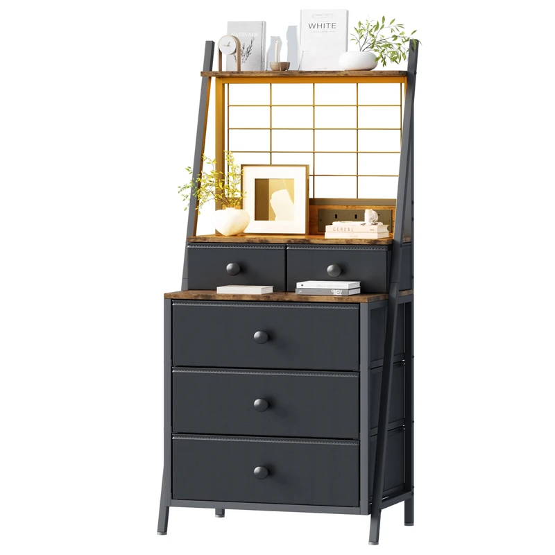 Feonase Tall Bedside Table with Charging Station, Black Bedside Cabinet with LED Lights 5 Drawer Night Stand with 3-Tier Storage Shelf for Bedroom Living Room & Dorm (Black)