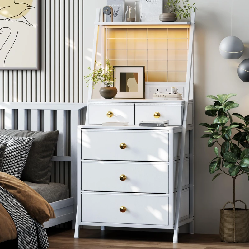 Feonase Tall Bedside Table with Charging Station, Black Bedside Cabinet with LED Lights 5 Drawer Night Stand with 3-Tier Storage Shelf for Bedroom Living Room & Dorm (White)