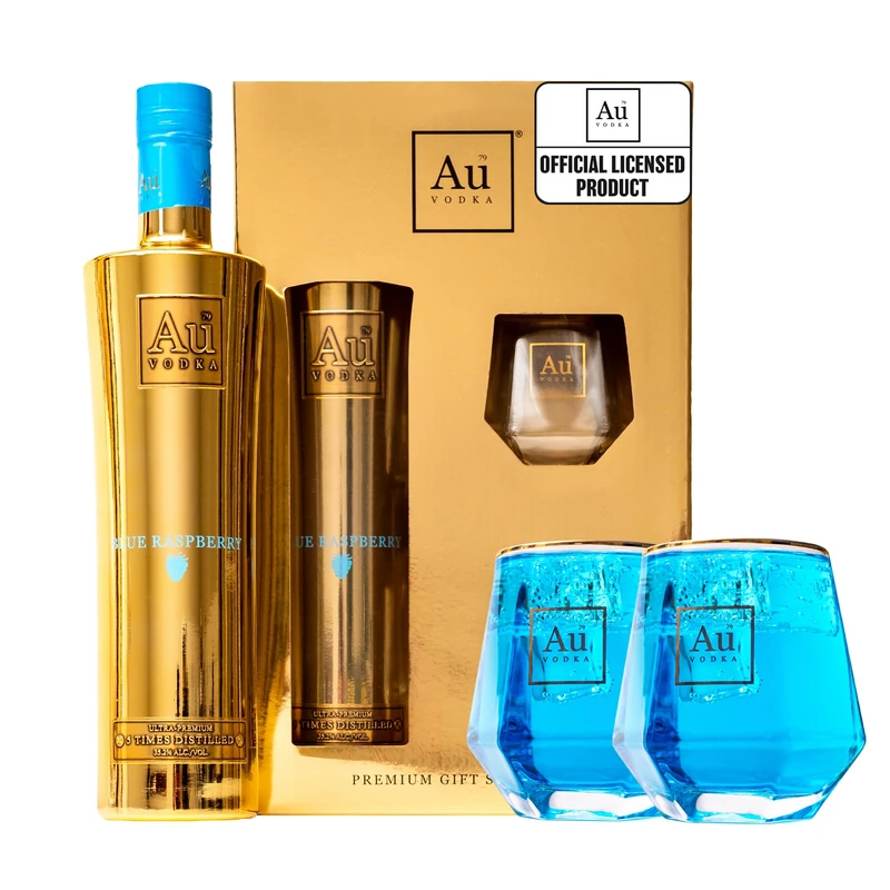 Au Vodka Gift Set - Blue Raspberry Flavoured Vodka 70 cl & 2 x Diamond Cut Gold Glasses - Official Licensed - Birthday Gifts for Men and Women - Premium Alcohol Gift Set for Him & Her, Fathers Day