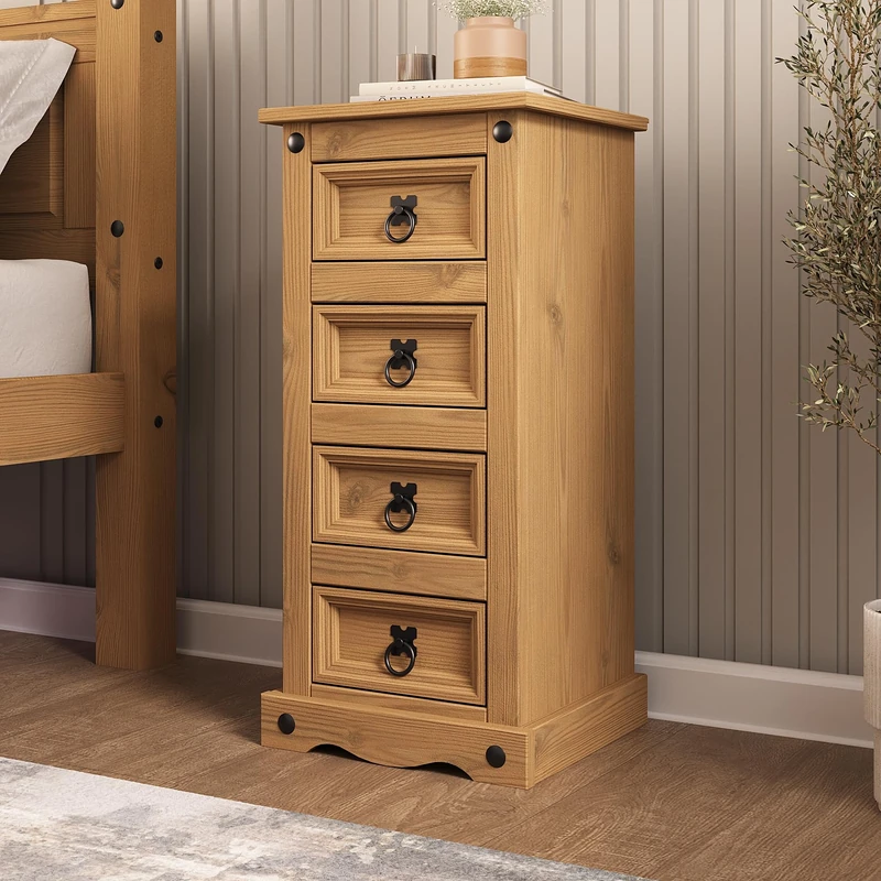Corona 4 Drawer Bedside Table Cabinet Solid Pine Wood Narrow Storage Side End Lamp Unit for Bedroom Hallway Living Room Mexican Style Furniture