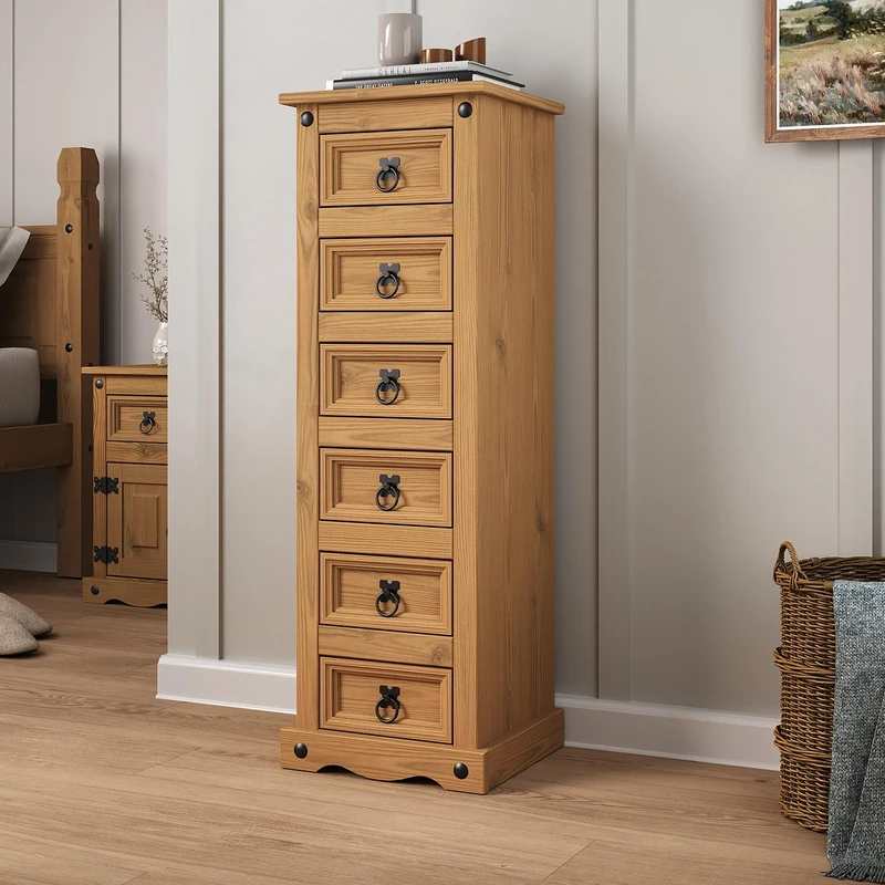 Mews Corona 6 Drawer Narrow Chest Bedside Table Cabinet Solid Pine Wood Tall Slim Storage Lamp Unit for Bedroom Hallway Living Room Mexican Style Furniture