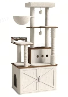 Feandrea PCT169W201 Cat Scratching Post, 170 cm High, Multi-Tier Cat Tree, Large Cave, Lounger, Scratching Posts, Plush Balls, Cat Litter Cabinet, Honey Brown Vintage White