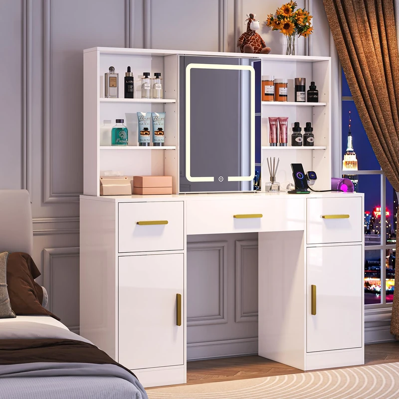 Feonase 43.3in Dressing Table with LED Lights, Smart Vanity with Charging Station & Hairdryer Holder, 7 Shelves 3 Drawers 2 Cabinets plus Hidden Storage for Bedroom (White)