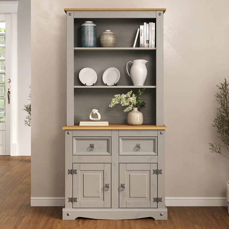 Corona Sideboard with Hutch Welsh Dresser Top 2 Door 2 Drawer Solid Pine Grey Painted Wooden Storage Cabinet with Shelves for Kitchen Hallway Living Room