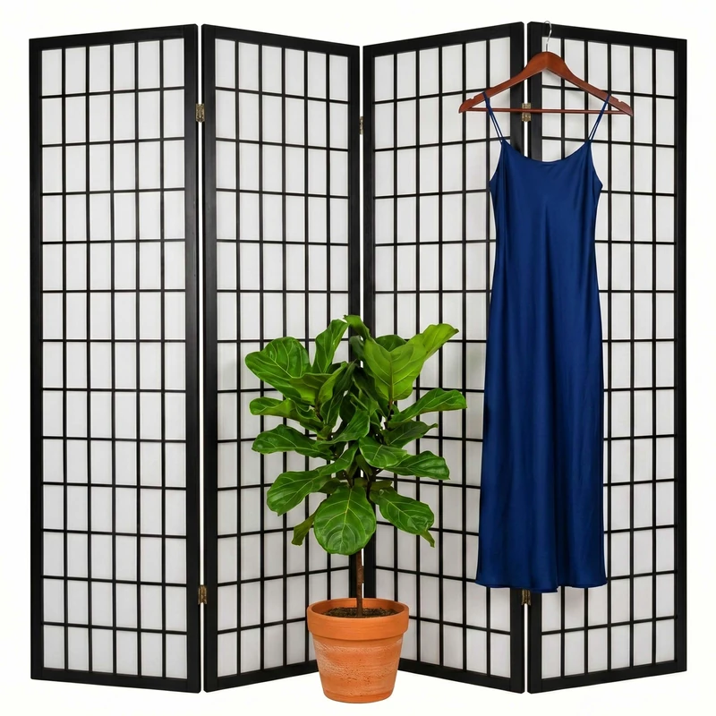 Relaxdays 4 Section Folding Screen Height 170 x Width 160 cm Wood & Fabric Living Room Divider Interior Black/White