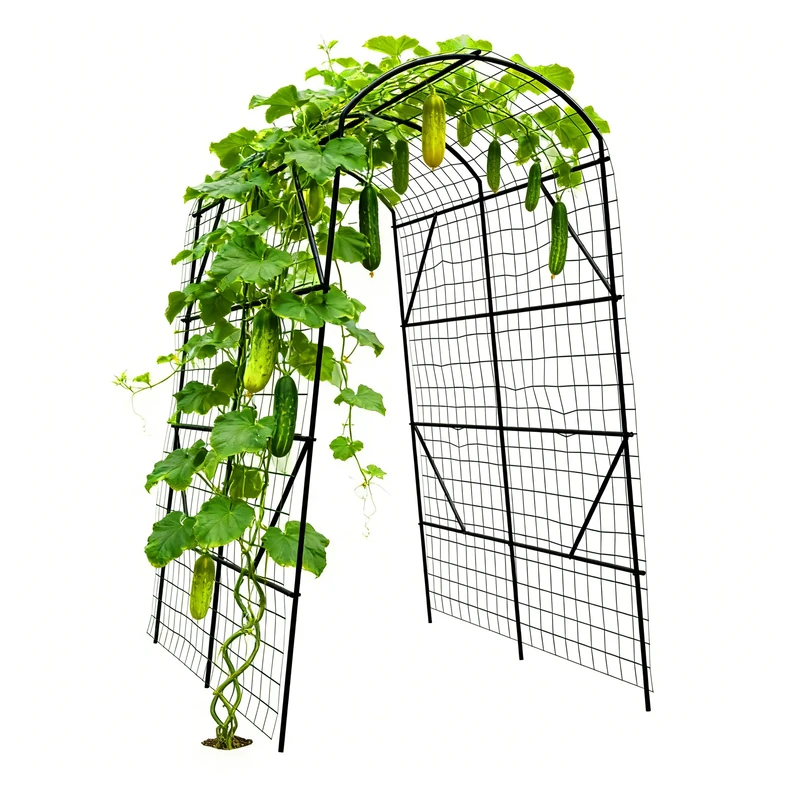 Relaxdays Cucumber Trellis, Metal Arch with Net for Beans, Peas & Grapes, HxWxD: 230 x 140 x 198 cm, Black/Green