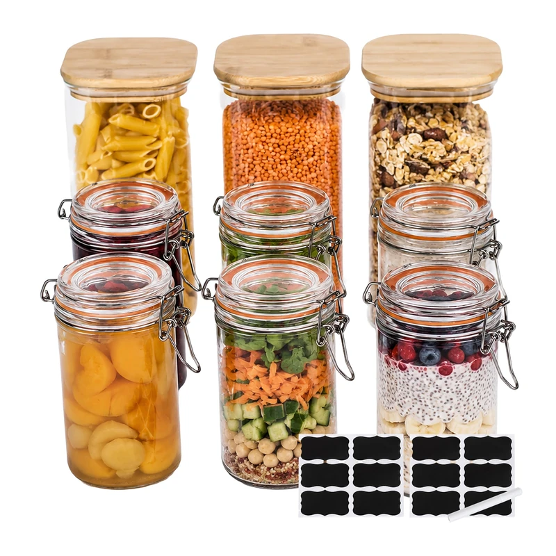 Relaxdays Storage & Preserving Jars, 9-piece Set, wire-bail & bamboo lids, airtight glass, transparent