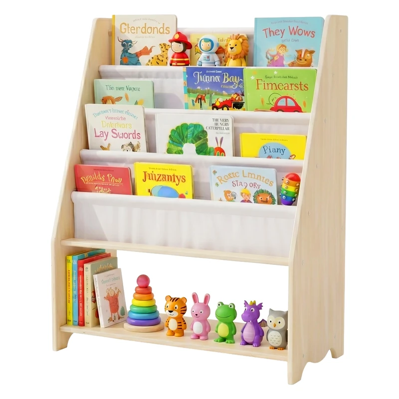 Relaxdays Kids' Bookshelf, HxWxD: 78x64x28 cm, 4 fabric pockets & shelf, Montessori-style, wooden, white/natural - Image 1