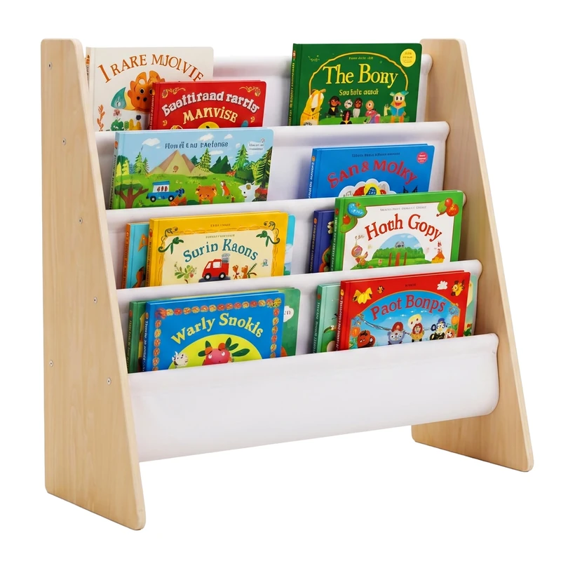 Relaxdays Children's Bookshelf, HWD: 60 x 63 x 39 cm, 4 fabric pockets, Montessori-style, white/natural
