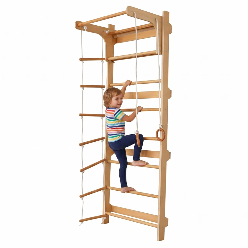 Relaxdays Wall Bars, Kids, Pull-up Bar, Climbing Rings, Rope Ladder, HxWxD: 215 x 80 x 57.5 cm, Natural