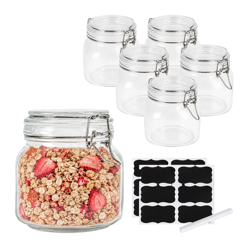 Relaxdays preserving jars, set of 6, 750 ml, swing-top lids with seals, for canning & storage, clear - Image 1