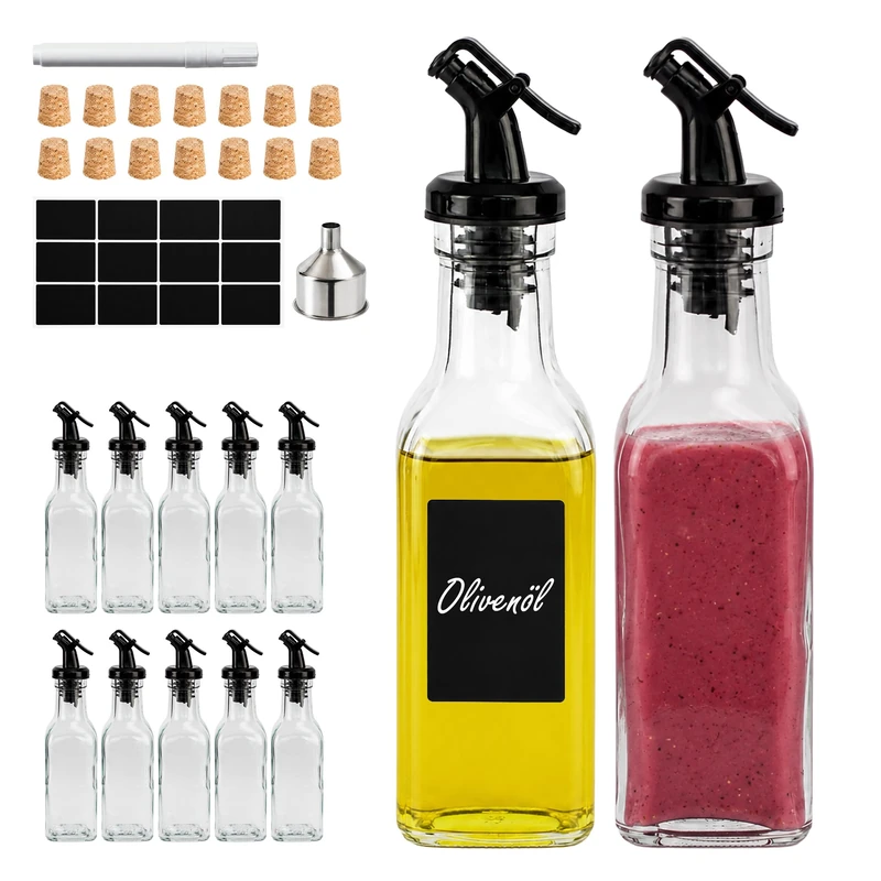 Relaxdays oil bottles, set of 12, 150 ml, with pourers, for oil & vinegar, labels, corks, clear glass - Image 1