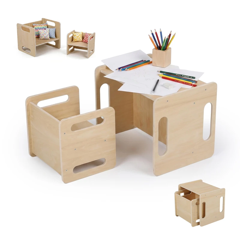 Relaxdays Kids' Seating Set, 2-piece, table & stool, wooden, Montessori, children's room, natural