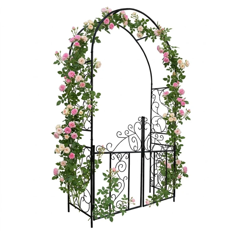 Relaxdays rose arch with gate, vine ornaments, front & back garden, HxWxD: 230 x 130 x 38 cm, metal, black - Image 1