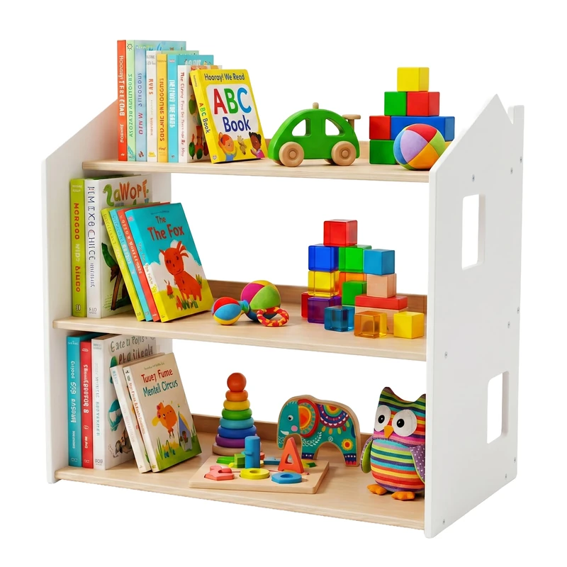 Relaxdays Kids' House Bookcase, HxWxD: 59 x 61 x 39 cm, 3-shelf Montessori, kids' room, MDF/plywood, white/natural - Image 1