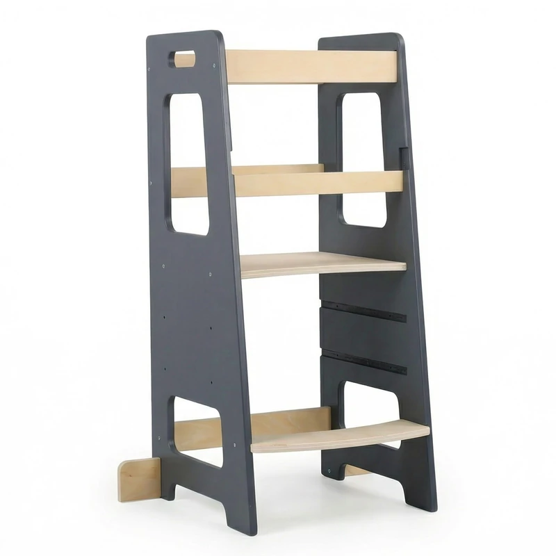 Relaxdays Learning Tower, adjustable platform, anti-tip protection, HxWxD 90x40x44 cm, toddler stool, anthracite/natural