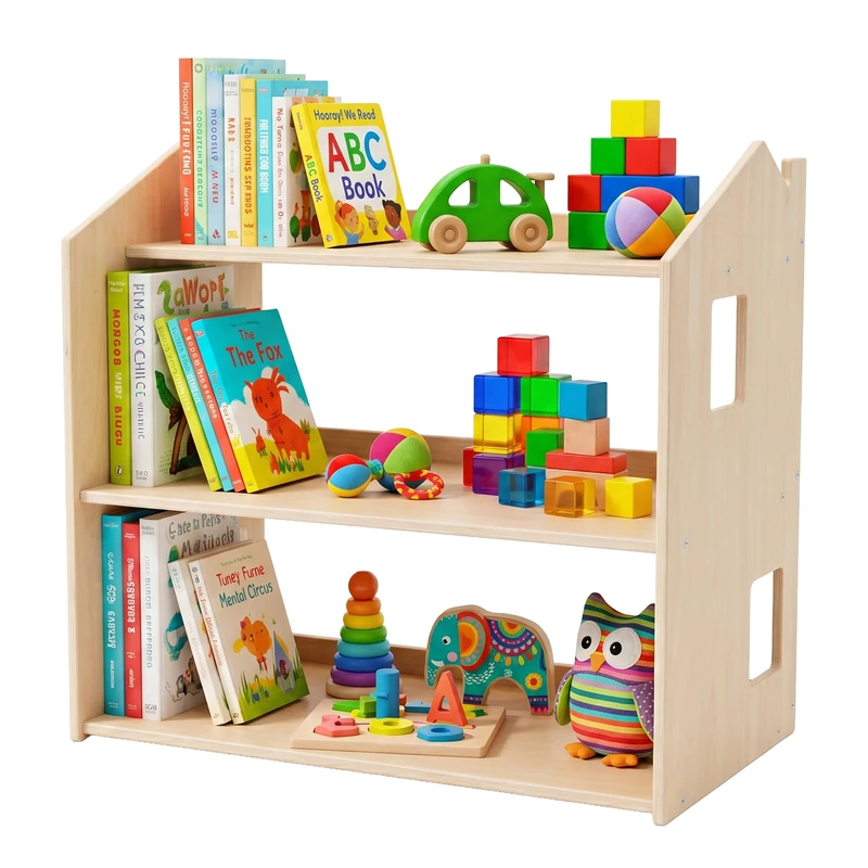 Relaxdays Kids' House-Shaped Bookcase, HxWxD: 59 x 61 x 39 cm, 3 shelves, Montessori, kids' bedroom, wood, natural - Image 1