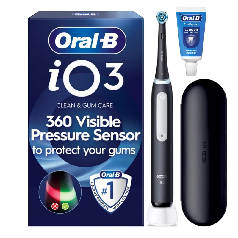 Oral-B iO3 Electric Toothbrush, Matt Black, with Travel Case and Toothpaste