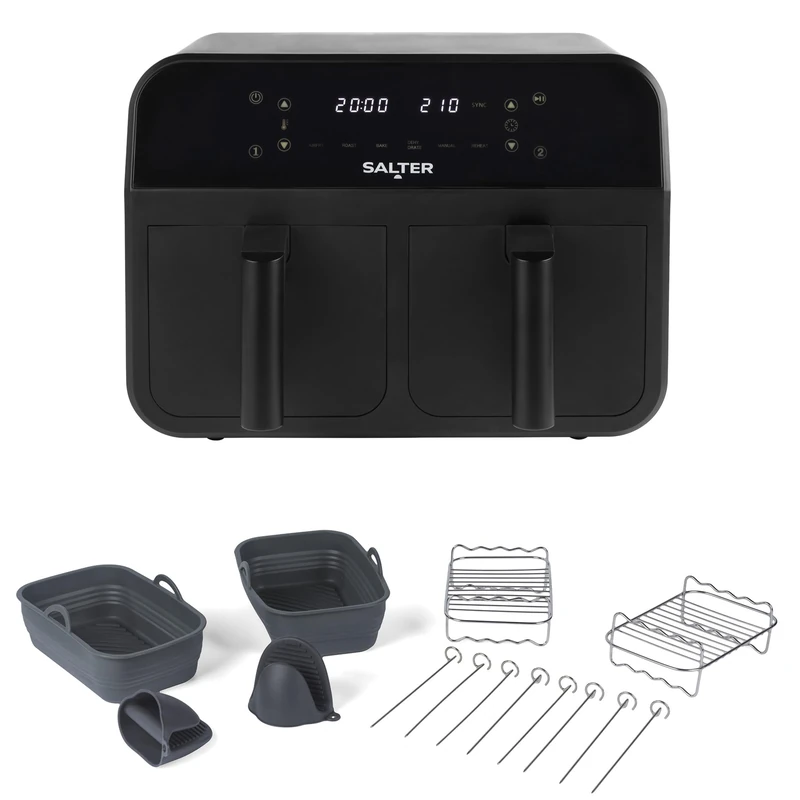 Salter Dual Air Fryer with 14 Piece Accessory Set – 2 x 3.7L Non-Stick Drawers, Sync & Match, 6 Pre-Sets, 2400W, Includes Baskets, Racks, Skewers & Gloves, Dishwasher Safe, PFAS-Free Accessories - Image 1