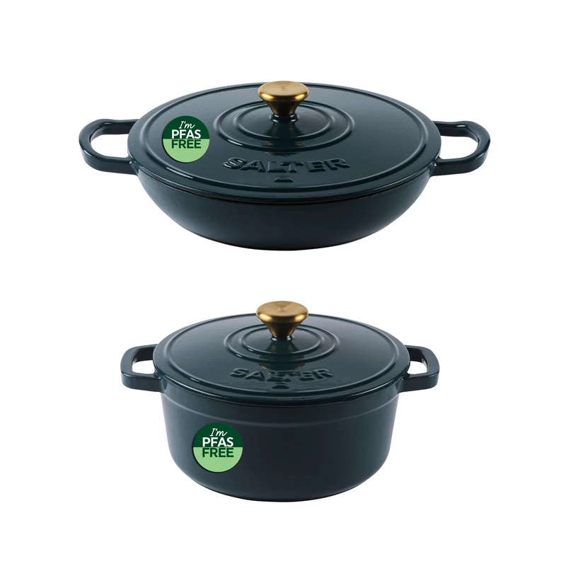 Salter Chester 30cm Shallow & 20cm Cast Iron Casserole Pot Set - 2.8L & 2L Dutch Ovens, Enamel Coated, Self-Basting Lids, Oven Safe, Suitable for All Hobs Including Induction, PFAS-Free, Green - Image 1