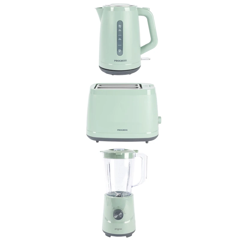 Progress Neutrals Kettle, Toaster & Blender Set – 1.7L Fast Boil Kettle 3000W, 2-Slice Toaster 900W with 6 Browning Levels, 1.5L Jug Blender 500W, Smoothie Maker, Matching Appliance Set, Sage Green - Image 1