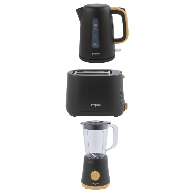 Progress Skara Toaster, Kettle & Blender Set – 2-Slice Toaster 750W with Defrost & 6 Browning Levels, 1.7L Rapid Boil Kettle 3000W, 1.5L Jug Blender 500W with Pulse, Black & Wooden Accents - Image 1